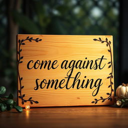 A beautifully crafted wooden board displaying the phrase 'come against something' in elegant cursive lettering