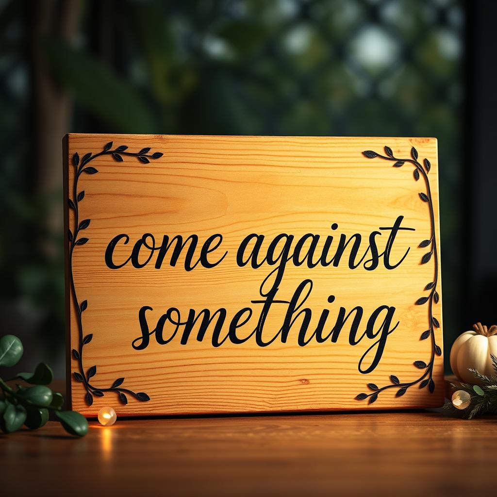 A beautifully crafted wooden board displaying the phrase 'come against something' in elegant cursive lettering