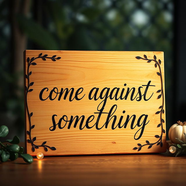 A beautifully crafted wooden board displaying the phrase 'come against something' in elegant cursive lettering