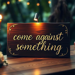 A beautifully crafted wooden board displaying the phrase 'come against something' in elegant cursive lettering