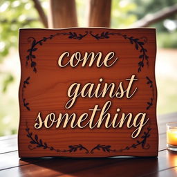 A beautifully crafted wooden board displaying the phrase 'come against something' in elegant cursive lettering