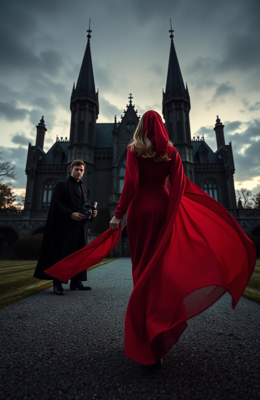 A striking scene of a woman elegantly walking towards a large, ominous dark manor