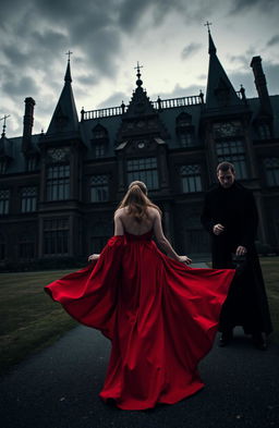 A striking scene of a woman elegantly walking towards a large, ominous dark manor