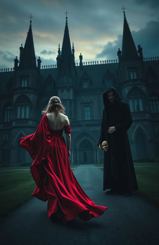 A striking scene of a woman elegantly walking towards a large, ominous dark manor