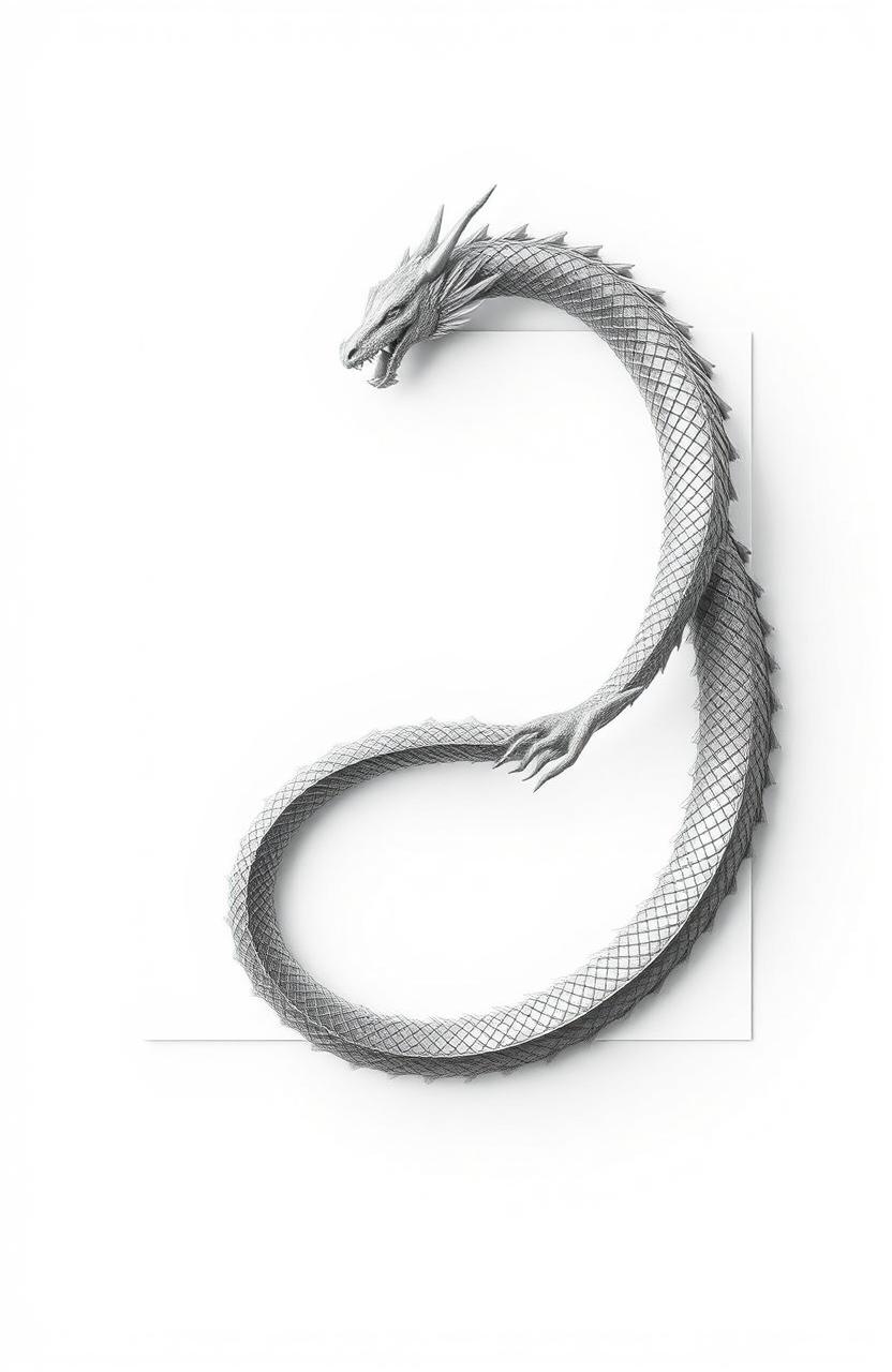 A serpent-like dragon with silver scales gracefully coiling around the perimeter of a blank white rectangle, never entering its interior