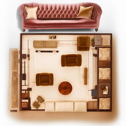 A precise plan showcasing Victorian-style living room furniture arrangement, including a plush velvet sofa, an ornate mahogany coffee table, high-backed chairs, and a vintage wooden fireplace mantel