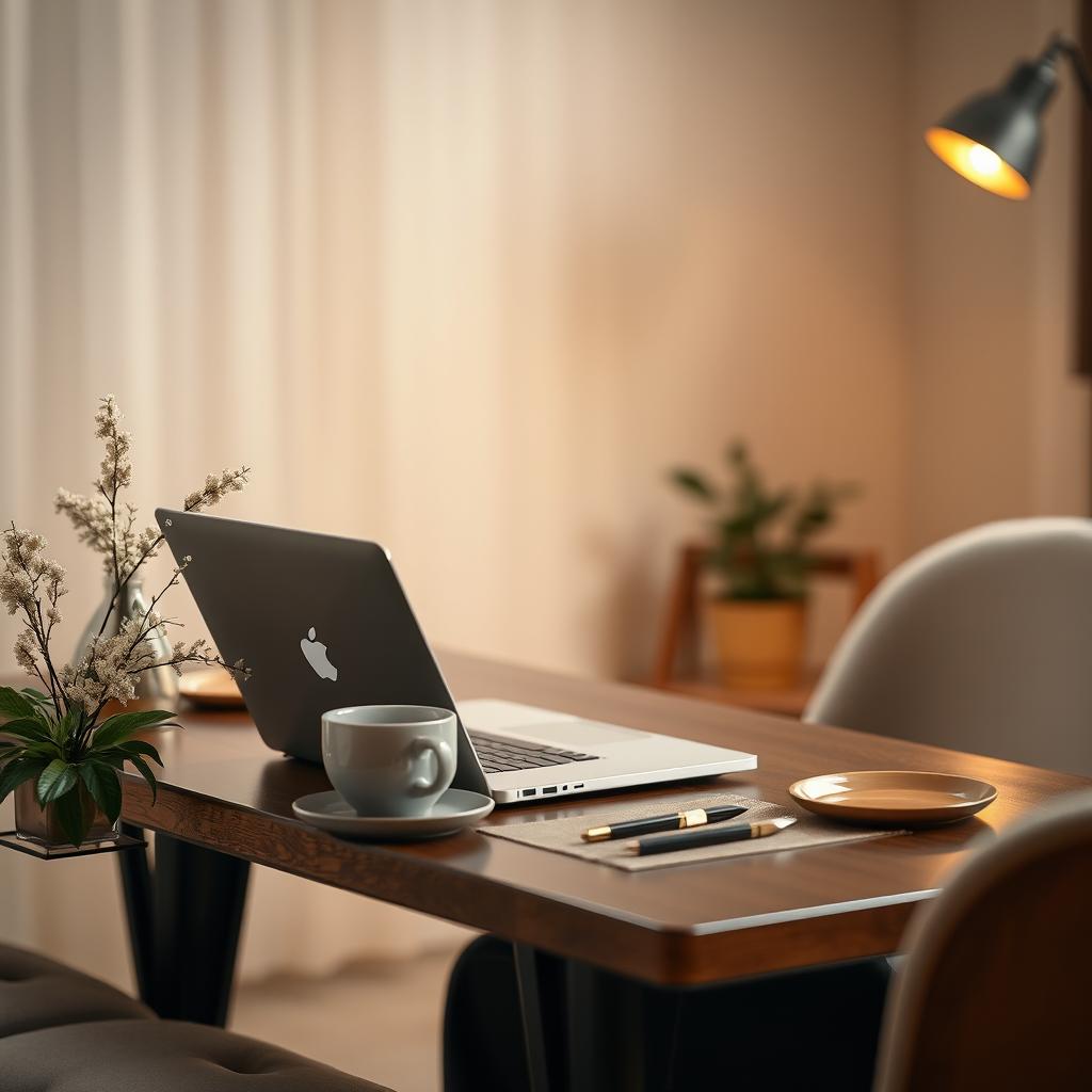 A highly realistic scene of a person sitting at a beautifully arranged table, using a MacBook