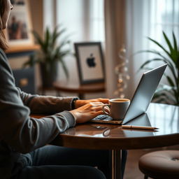 A highly realistic scene of a person sitting at a beautifully arranged table, using a MacBook