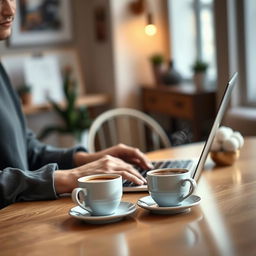 A highly realistic scene of a person sitting at a beautifully arranged table, using a MacBook