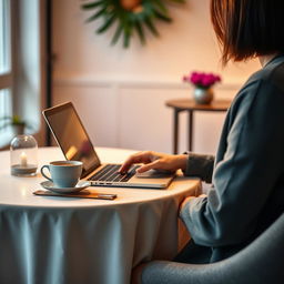 A highly realistic scene of a person sitting at a beautifully arranged table, using a MacBook