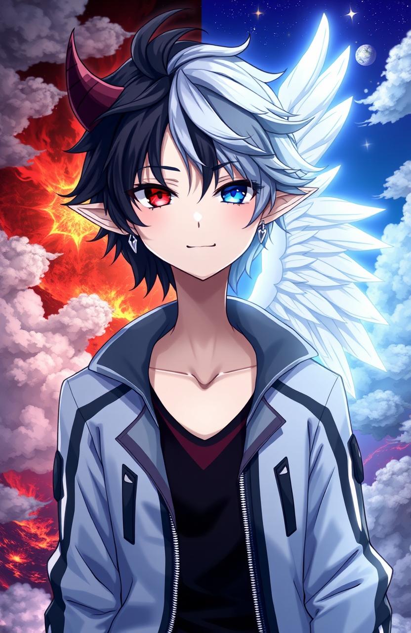 An anime boy character with a striking appearance, featuring half-demon and half-angel traits