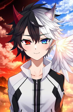 An anime boy character with a striking appearance, featuring half-demon and half-angel traits