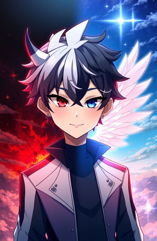 An anime boy character with a striking appearance, featuring half-demon and half-angel traits