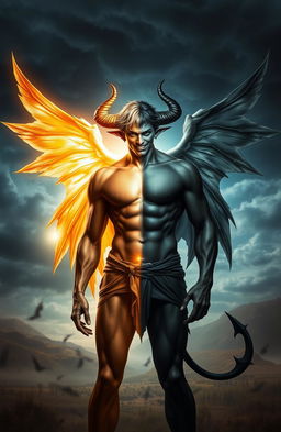 A captivating image of a half-demon, half-angel male figure, showcasing striking features that blend both celestial and infernal elements
