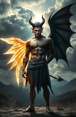 A captivating image of a half-demon, half-angel male figure, showcasing striking features that blend both celestial and infernal elements