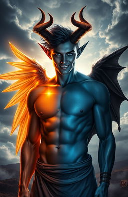 A captivating image of a half-demon, half-angel male figure, showcasing striking features that blend both celestial and infernal elements