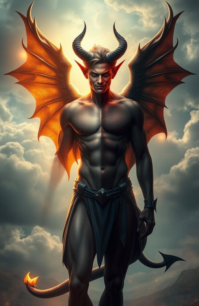 A captivating image of a half-demon, half-angel male figure, showcasing striking features that blend both celestial and infernal elements