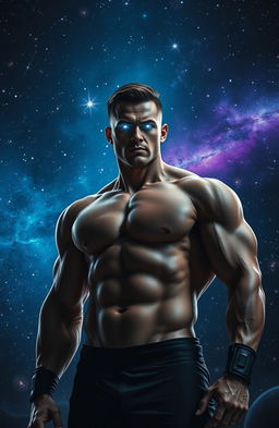 A well-built man with glowing eyes stands in the foreground, dominating the scene with his muscular physique and confident posture