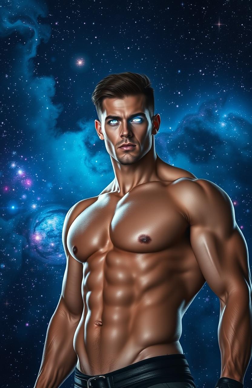 A well-built man with glowing eyes stands in the foreground, dominating the scene with his muscular physique and confident posture