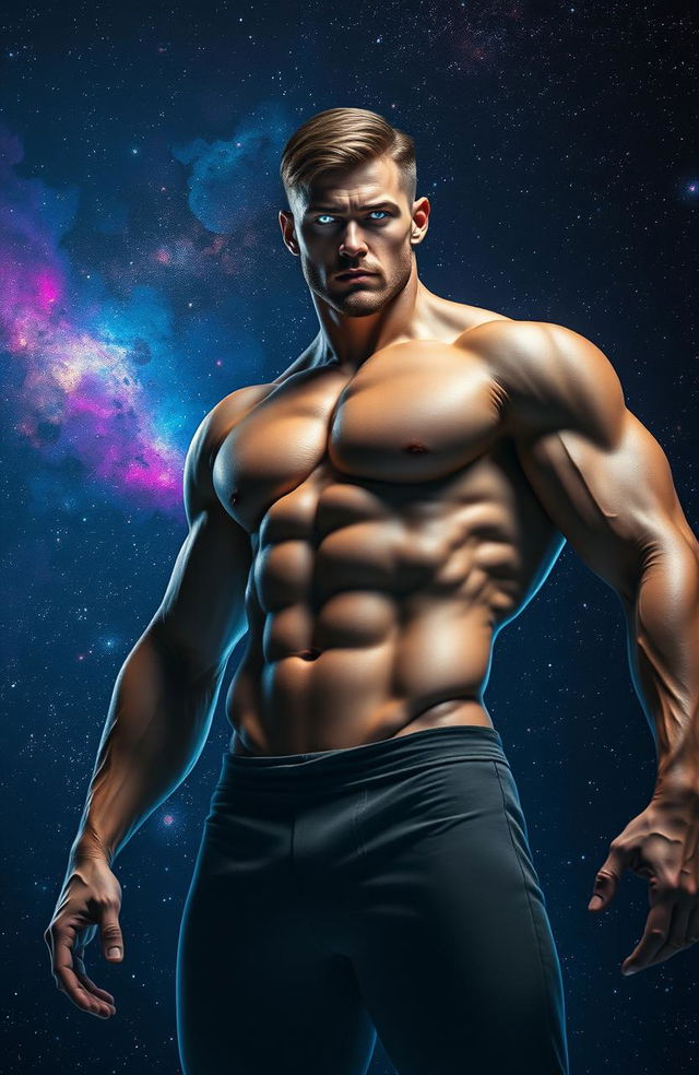A well-built man with glowing eyes stands in the foreground, dominating the scene with his muscular physique and confident posture