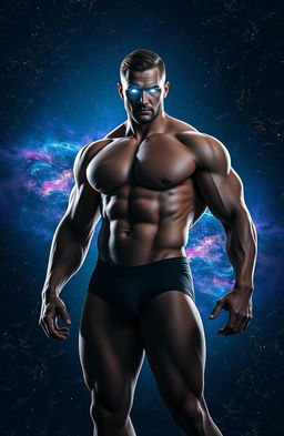 A well-built man with glowing eyes stands in the foreground, dominating the scene with his muscular physique and confident posture