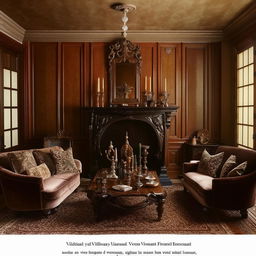 A precise plan showcasing Victorian-style living room furniture arrangement, including a plush velvet sofa, an ornate mahogany coffee table, high-backed chairs, and a vintage wooden fireplace mantel