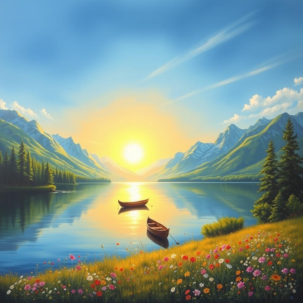A serene landscape painting depicting a tranquil lake surrounded by majestic mountains under a clear blue sky