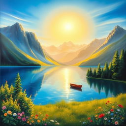 A serene landscape painting depicting a tranquil lake surrounded by majestic mountains under a clear blue sky