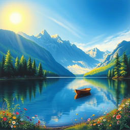 A serene landscape painting depicting a tranquil lake surrounded by majestic mountains under a clear blue sky