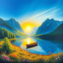 A serene landscape painting depicting a tranquil lake surrounded by majestic mountains under a clear blue sky