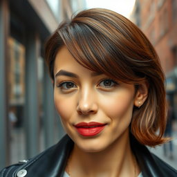 A close-up portrait of a stylish person with distinct 'comma hair', a trendy hairstyle characterized by a soft, curved fringe that resembles a comma