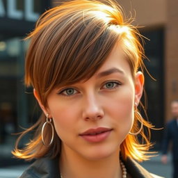 A close-up portrait of a stylish person with distinct 'comma hair', a trendy hairstyle characterized by a soft, curved fringe that resembles a comma