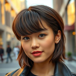 A close-up portrait of a stylish person with distinct 'comma hair', a trendy hairstyle characterized by a soft, curved fringe that resembles a comma