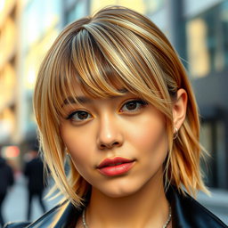 A close-up portrait of a stylish person with distinct 'comma hair', a trendy hairstyle characterized by a soft, curved fringe that resembles a comma