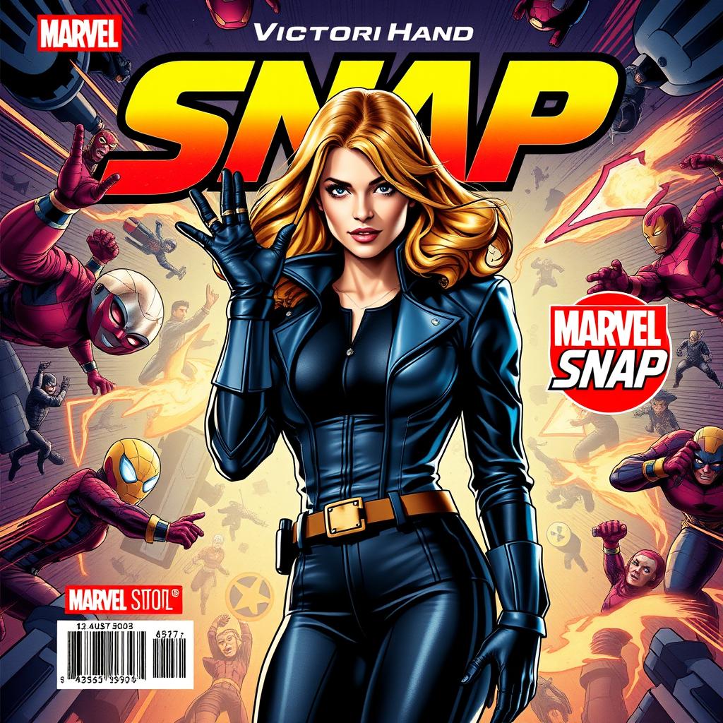 A captivating cover design for Marvel Snap featuring Victoria Hand in the center, displayed confidently and stylishly