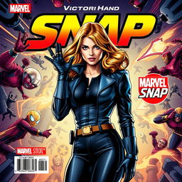 A captivating cover design for Marvel Snap featuring Victoria Hand in the center, displayed confidently and stylishly