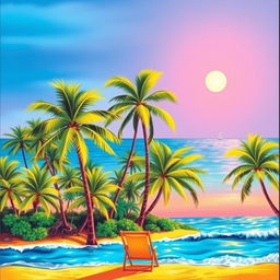 A vibrant and colorful depiction of a tropical beach scene with clear blue skies and gentle waves lapping at the shore