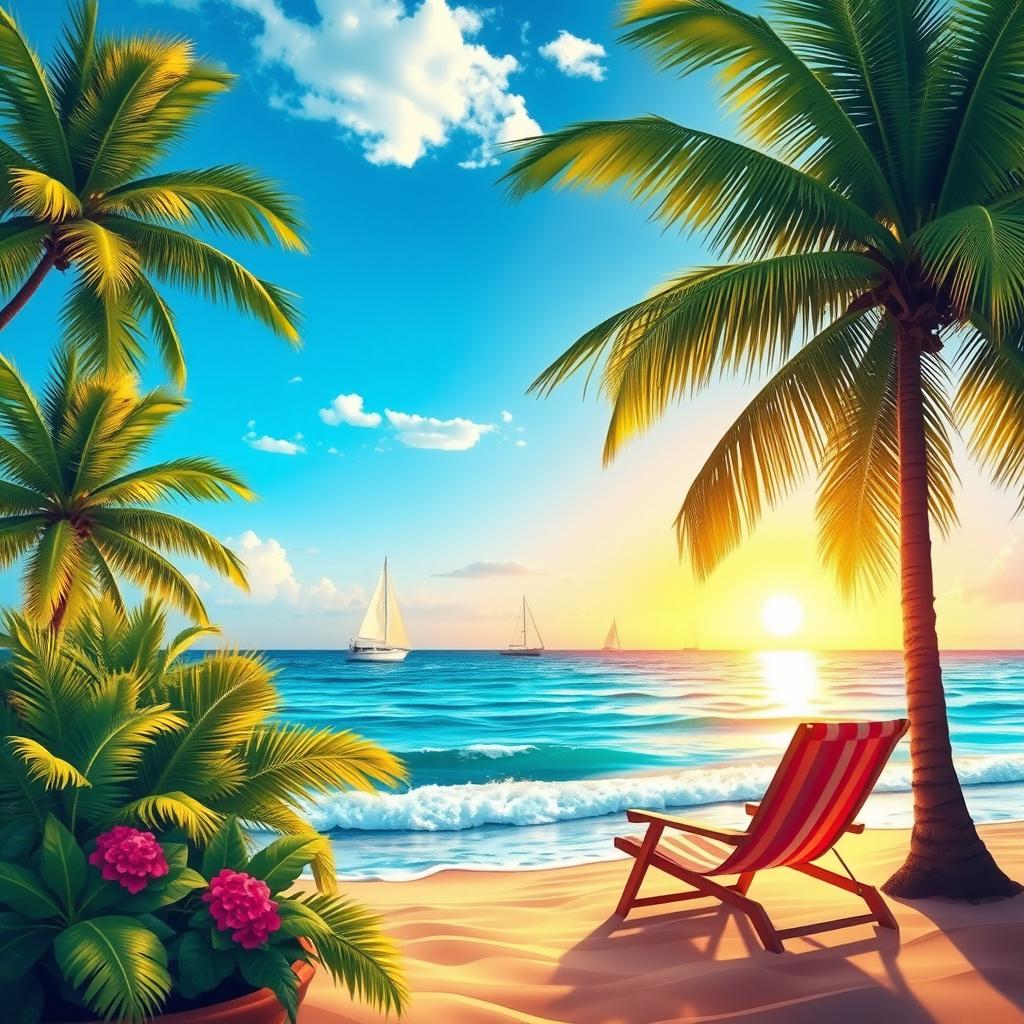 A vibrant and colorful depiction of a tropical beach scene with clear blue skies and gentle waves lapping at the shore