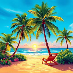 A vibrant and colorful depiction of a tropical beach scene with clear blue skies and gentle waves lapping at the shore