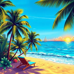 A vibrant and colorful depiction of a tropical beach scene with clear blue skies and gentle waves lapping at the shore