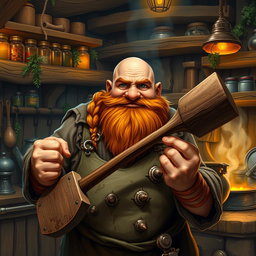 A stout dwarf with a bald head and a braided auburn beard, displaying soot-streaked cheeks