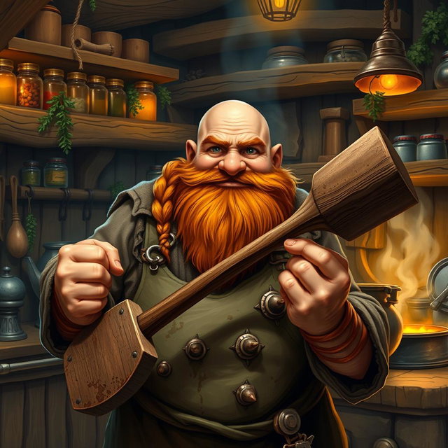 A stout dwarf with a bald head and a braided auburn beard, displaying soot-streaked cheeks