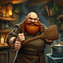 A stout dwarf with a bald head and a braided auburn beard, displaying soot-streaked cheeks