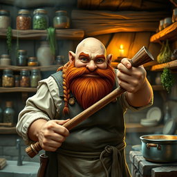 A stout dwarf with a bald head and a braided auburn beard, displaying soot-streaked cheeks