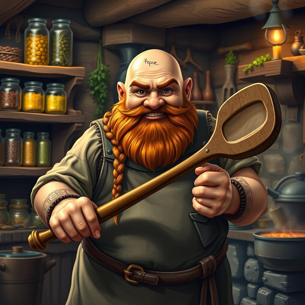 A stout dwarf with a bald head and a braided auburn beard, displaying soot-streaked cheeks
