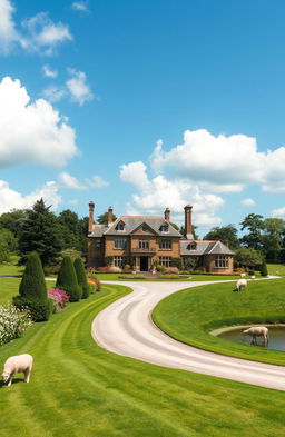 A picturesque country manor surrounded by lush green fields and blooming gardens