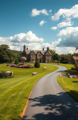 A picturesque country manor surrounded by lush green fields and blooming gardens