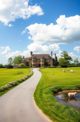 A picturesque country manor surrounded by lush green fields and blooming gardens