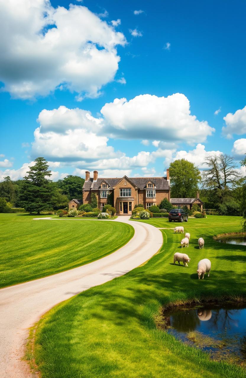 A picturesque country manor surrounded by lush green fields and blooming gardens