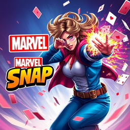 A vibrant image depicting Victoria Hand in a dynamic pose, energetically shooting playing cards as they explode in a burst of colorful energy